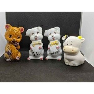 Vintage Pig Bear Cow Salt Pepper Shaker Made Portugal Japan Kitchen Ceramic LOT